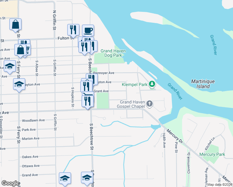 map of restaurants, bars, coffee shops, grocery stores, and more near 1624 Grant Avenue in Grand Haven