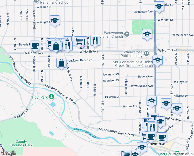 map of restaurants, bars, coffee shops, grocery stores, and more near 2052 North 84th Street in Wauwatosa