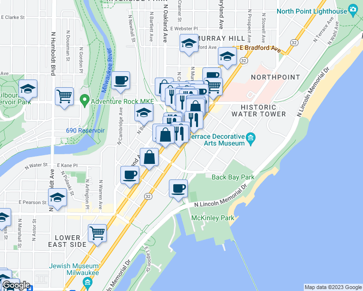map of restaurants, bars, coffee shops, grocery stores, and more near 2111 North Prospect Avenue in Milwaukee