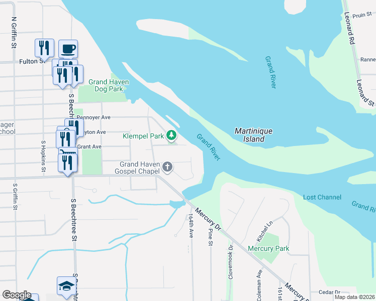 map of restaurants, bars, coffee shops, grocery stores, and more near 1912 Grant Avenue in Grand Haven