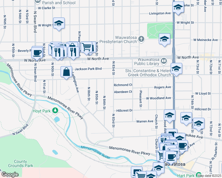map of restaurants, bars, coffee shops, grocery stores, and more near 2052 North 84th Street in Wauwatosa