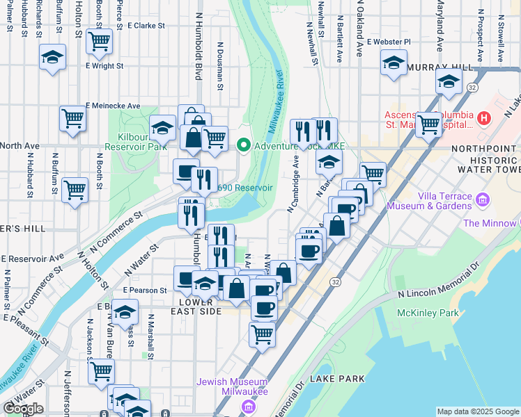 map of restaurants, bars, coffee shops, grocery stores, and more near 1939 North Warren Avenue in Milwaukee