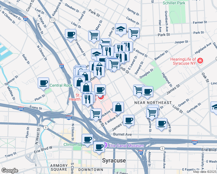 map of restaurants, bars, coffee shops, grocery stores, and more near 713 North Mcbride Street in Syracuse