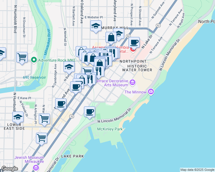 map of restaurants, bars, coffee shops, grocery stores, and more near 2135 North Lake Drive in Milwaukee