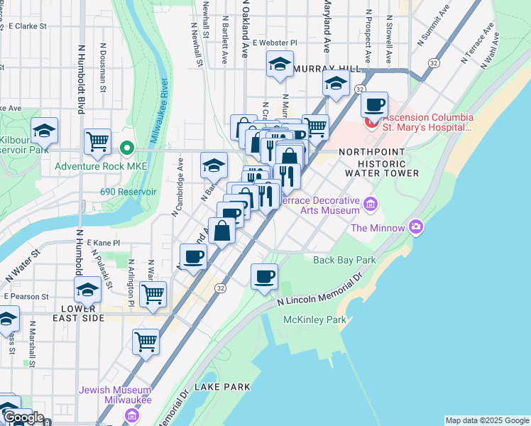 map of restaurants, bars, coffee shops, grocery stores, and more near 2111 North Prospect Avenue in Milwaukee