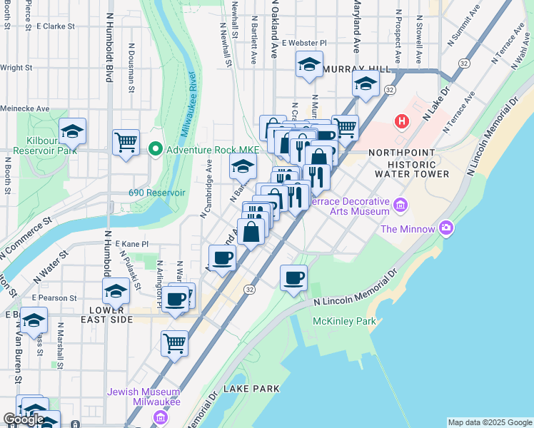 map of restaurants, bars, coffee shops, grocery stores, and more near 2037 North Farwell Avenue in Milwaukee