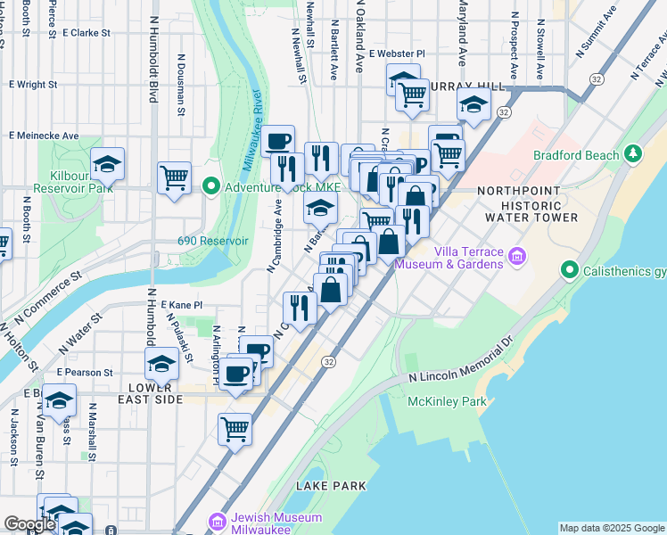 map of restaurants, bars, coffee shops, grocery stores, and more near 1702 East Lafayette Place in Milwaukee
