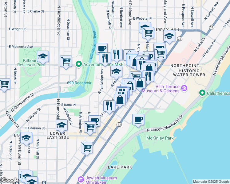 map of restaurants, bars, coffee shops, grocery stores, and more near 1702 East Lafayette Place in Milwaukee