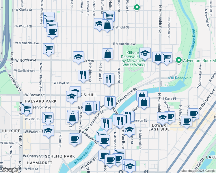 map of restaurants, bars, coffee shops, grocery stores, and more near 421 East Lloyd Street in Milwaukee