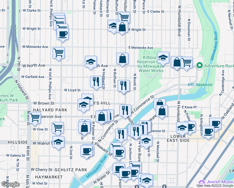 map of restaurants, bars, coffee shops, grocery stores, and more near 421 East Lloyd Street in Milwaukee