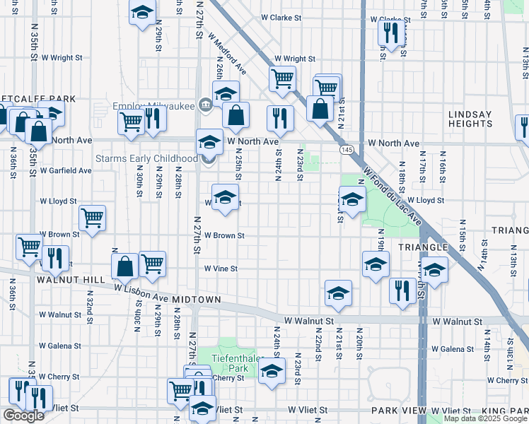 map of restaurants, bars, coffee shops, grocery stores, and more near 2054 North 24th Place in Milwaukee