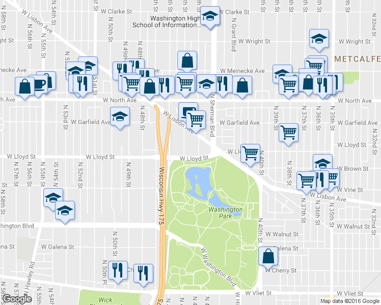 map of restaurants, bars, coffee shops, grocery stores, and more near 2121 North 44th Street in Milwaukee
