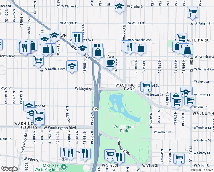map of restaurants, bars, coffee shops, grocery stores, and more near 4512 West Lloyd Street in Milwaukee