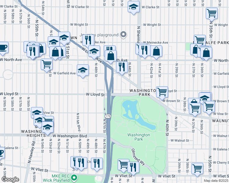 map of restaurants, bars, coffee shops, grocery stores, and more near 4512 West Lloyd Street in Milwaukee