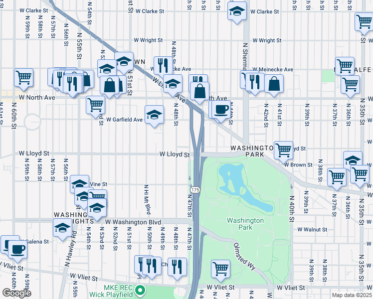 map of restaurants, bars, coffee shops, grocery stores, and more near 2125 North 47th Street in Milwaukee