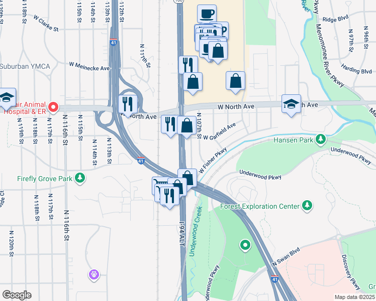 map of restaurants, bars, coffee shops, grocery stores, and more near 2109 West Fisher Parkway in Wauwatosa
