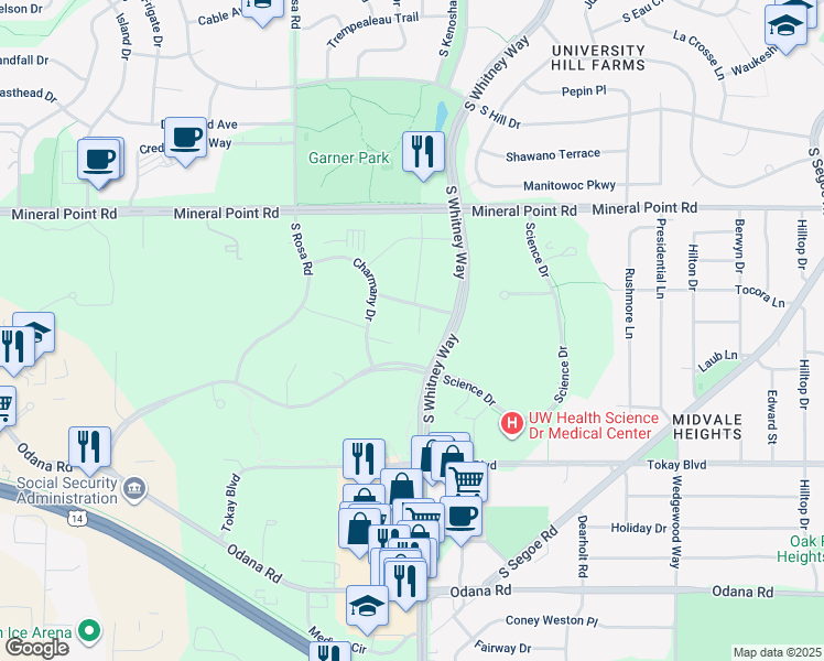 map of restaurants, bars, coffee shops, grocery stores, and more near 521 Charmany Dr in Madison