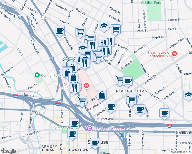 map of restaurants, bars, coffee shops, grocery stores, and more near 713 North Mcbride Street in Syracuse