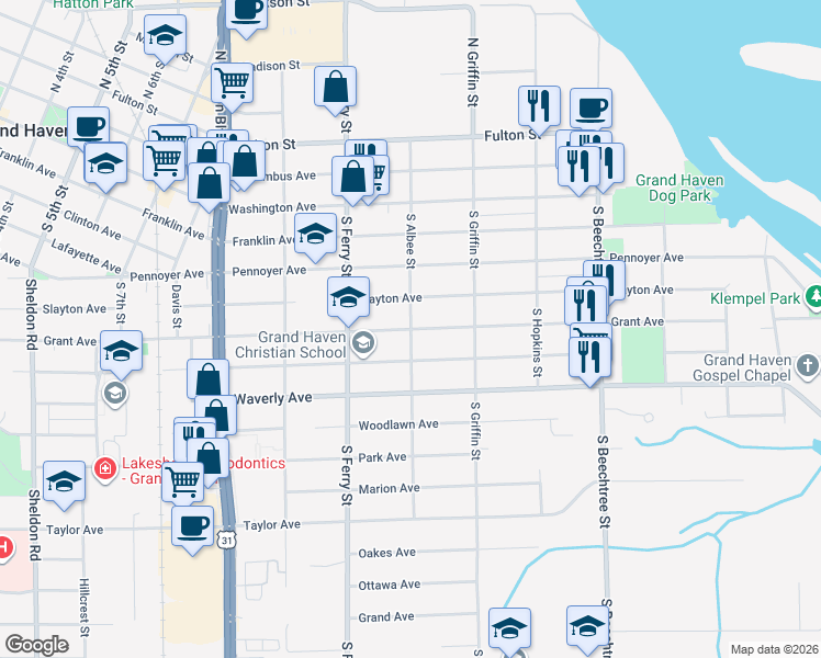 map of restaurants, bars, coffee shops, grocery stores, and more near 399 South Albee Street in Grand Haven