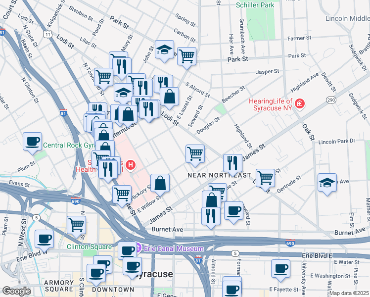 map of restaurants, bars, coffee shops, grocery stores, and more near 616 Catherine Street in Syracuse