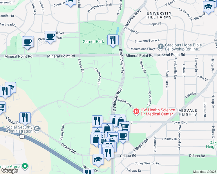 map of restaurants, bars, coffee shops, grocery stores, and more near 521 Charmany Drive in Madison