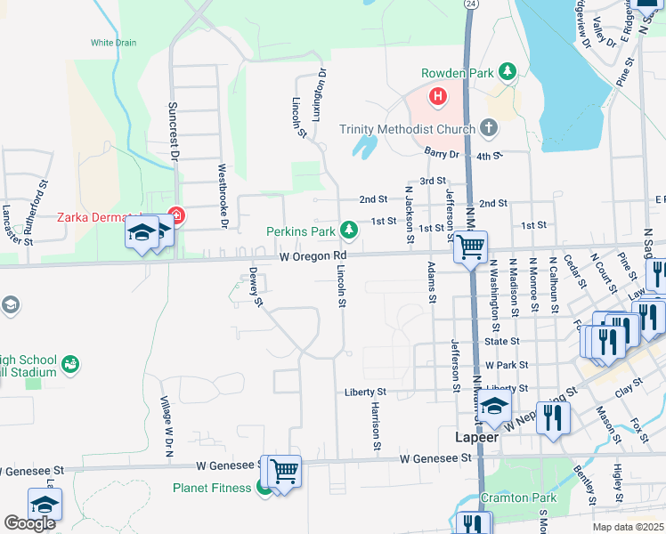 map of restaurants, bars, coffee shops, grocery stores, and more near 1465 West Oregon Street in Lapeer