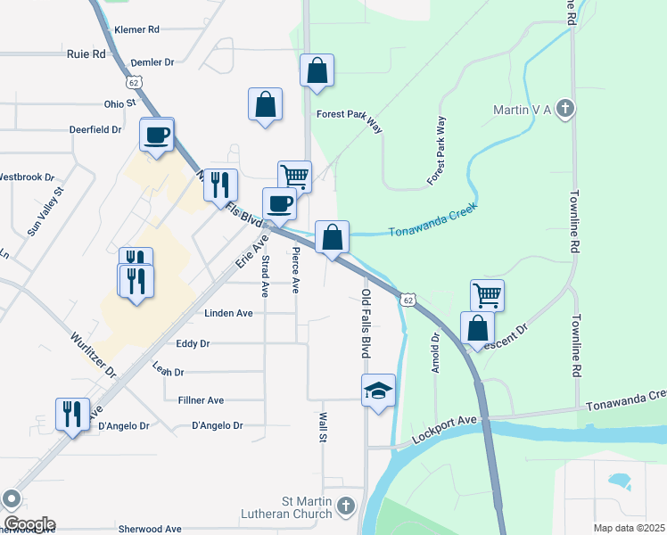 map of restaurants, bars, coffee shops, grocery stores, and more near 672 Niagara Falls Boulevard in North Tonawanda