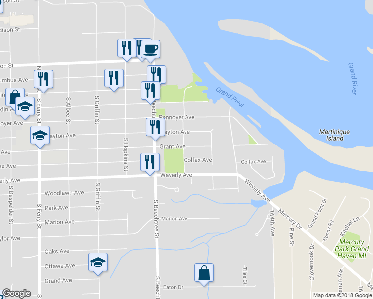 map of restaurants, bars, coffee shops, grocery stores, and more near 1604 Grant Avenue in Grand Haven