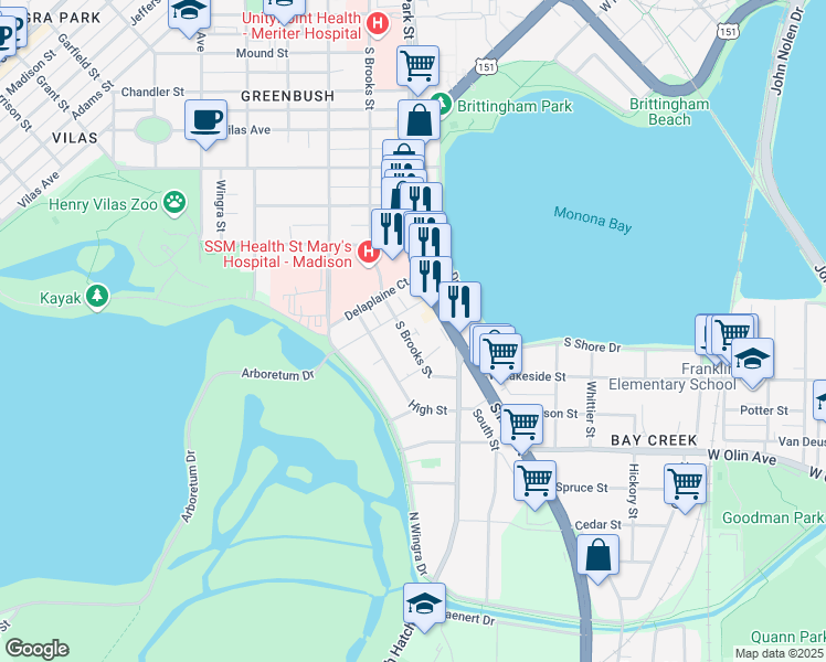 map of restaurants, bars, coffee shops, grocery stores, and more near 909 South Brooks Street in Madison