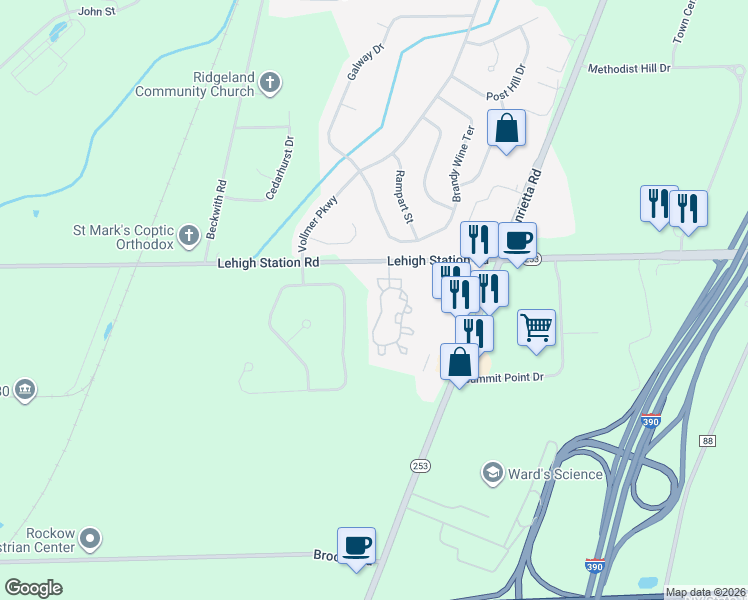 map of restaurants, bars, coffee shops, grocery stores, and more near 66 Chelsea Meadows Drive in West Henrietta