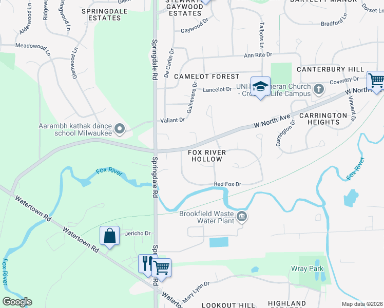 map of restaurants, bars, coffee shops, grocery stores, and more near 2020 Fox Hollow Run in Brookfield