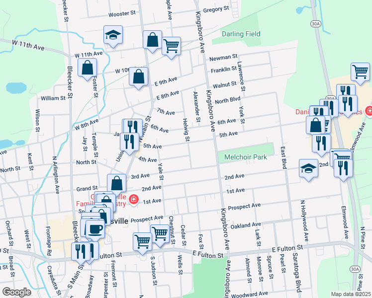 map of restaurants, bars, coffee shops, grocery stores, and more near 21 Helwig Street in Gloversville