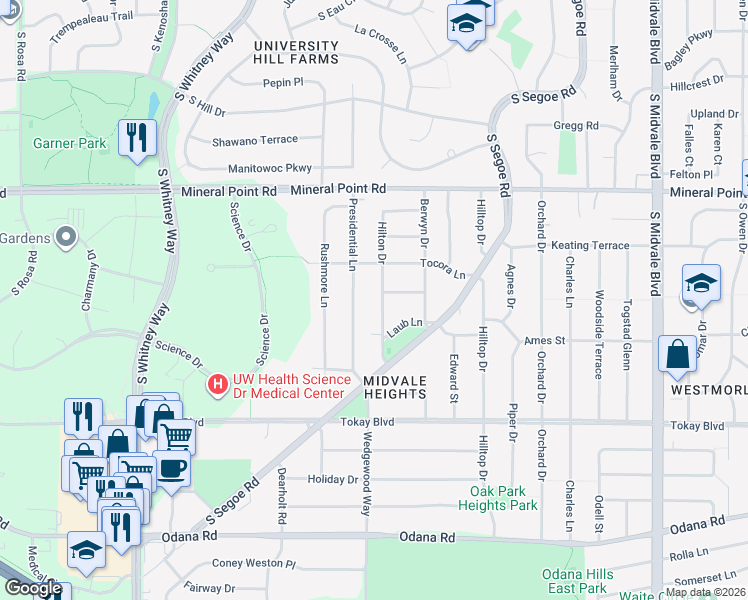 map of restaurants, bars, coffee shops, grocery stores, and more near 472 Hilton Dr in Madison