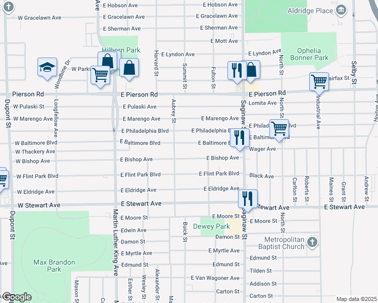 map of restaurants, bars, coffee shops, grocery stores, and more near 4625 Saginaw Street in Flint