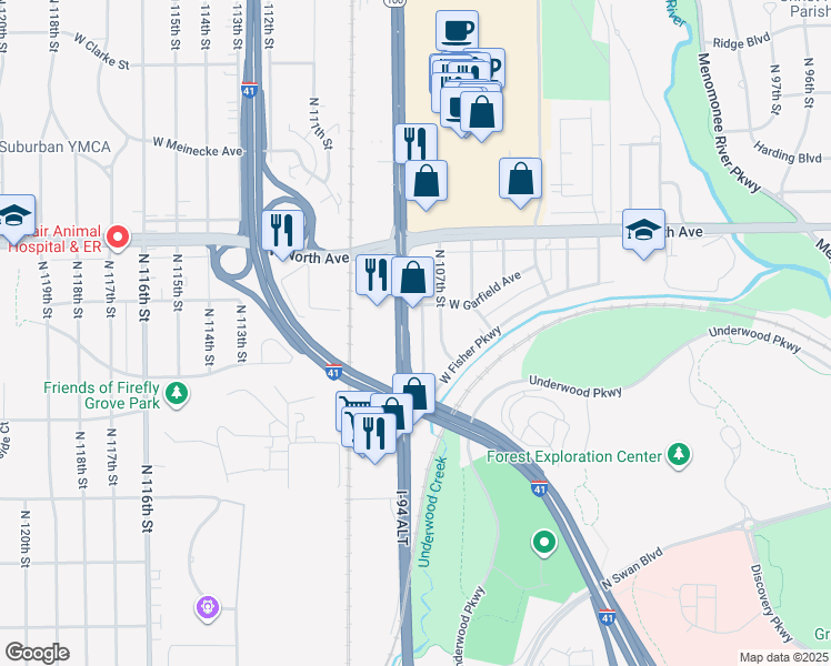 map of restaurants, bars, coffee shops, grocery stores, and more near 2100 North Mayfair Road in Wauwatosa