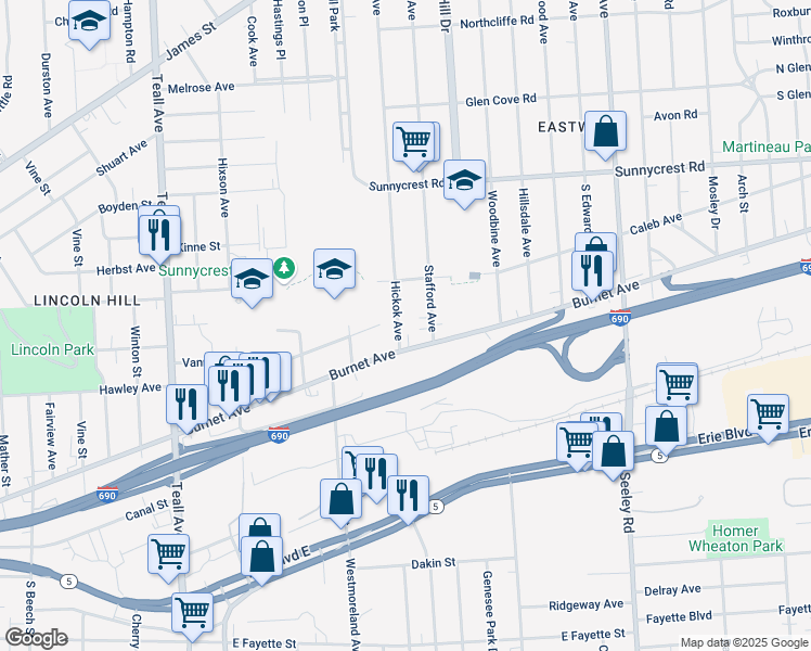 map of restaurants, bars, coffee shops, grocery stores, and more near 545 Hickok Avenue in Syracuse