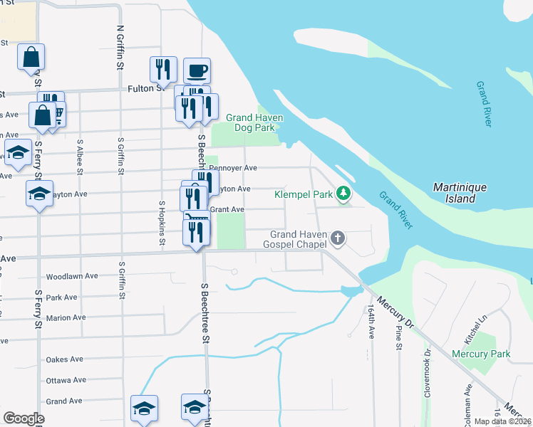 map of restaurants, bars, coffee shops, grocery stores, and more near 1624 Grant Avenue in Grand Haven