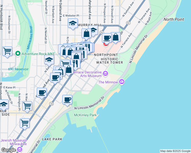 map of restaurants, bars, coffee shops, grocery stores, and more near 2216 East Kenilworth Place in Milwaukee