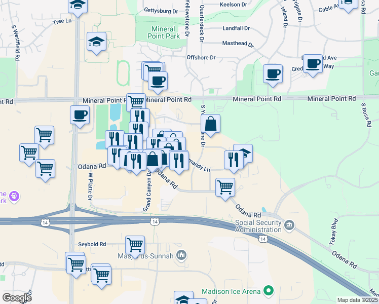 map of restaurants, bars, coffee shops, grocery stores, and more near 6510 Normandy Lane in Madison