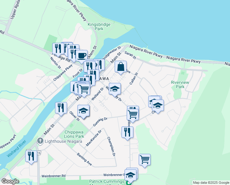 map of restaurants, bars, coffee shops, grocery stores, and more near 3640 Aberdeen Street in Niagara Falls