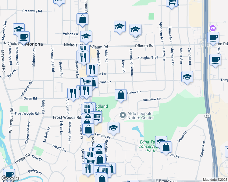 map of restaurants, bars, coffee shops, grocery stores, and more near 5613 Bryn Trem Road in Madison