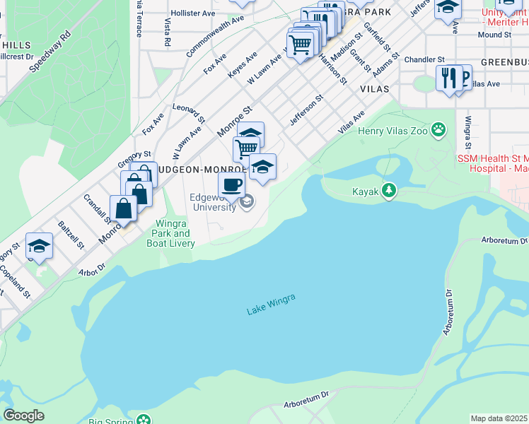 map of restaurants, bars, coffee shops, grocery stores, and more near 2228-2398 Edgewood Dr in Madison