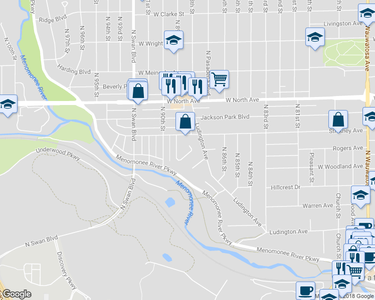 map of restaurants, bars, coffee shops, grocery stores, and more near 2014 Sunset Court in Wauwatosa