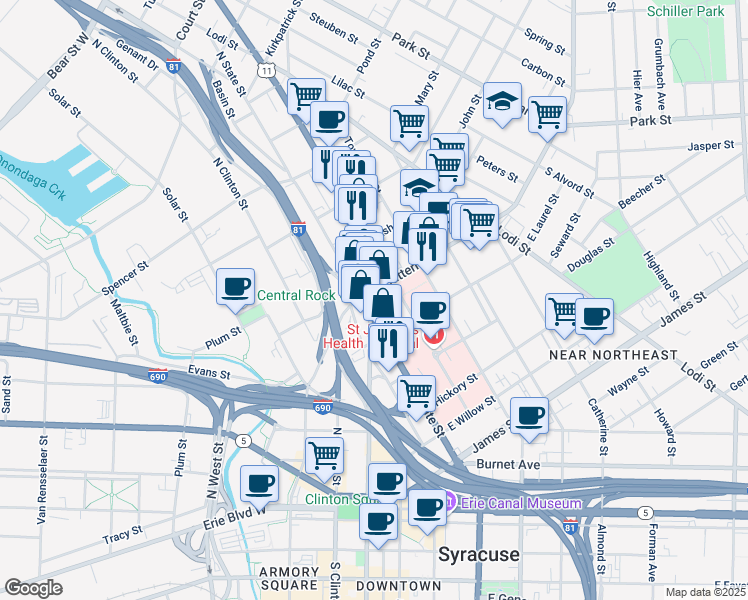 map of restaurants, bars, coffee shops, grocery stores, and more near 476 North Salina Street in Syracuse