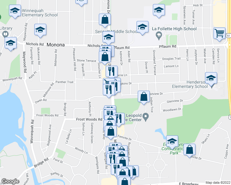 map of restaurants, bars, coffee shops, grocery stores, and more near 5720 Monona Drive in Monona