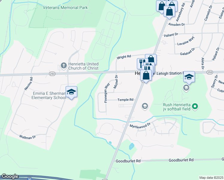 map of restaurants, bars, coffee shops, grocery stores, and more near 49 Michel Drive in Henrietta