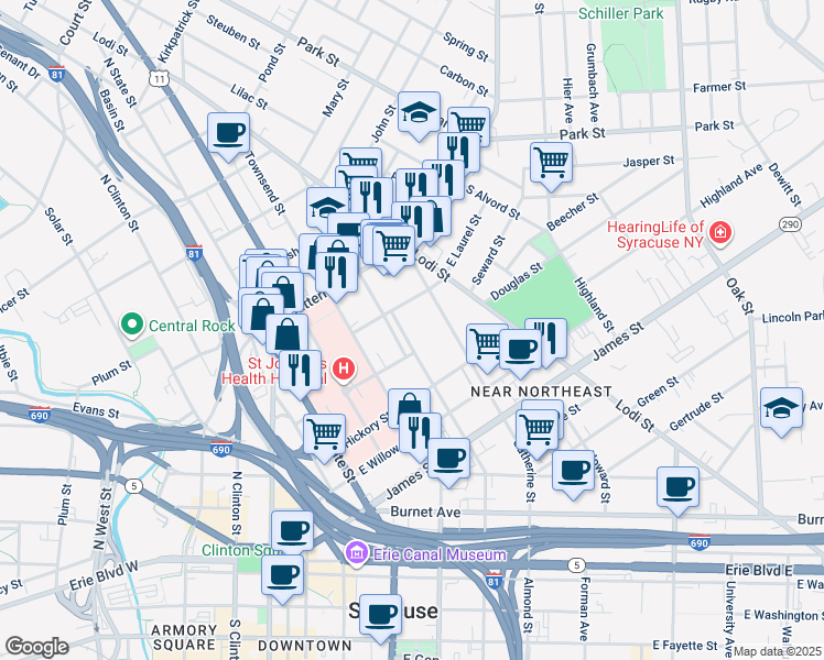map of restaurants, bars, coffee shops, grocery stores, and more near 708 North Mcbride Street in Syracuse