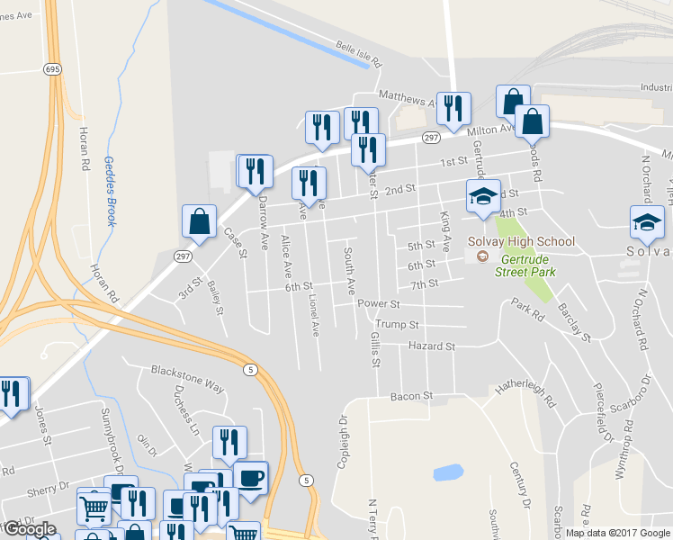 map of restaurants, bars, coffee shops, grocery stores, and more near 419 Abell Avenue in Syracuse