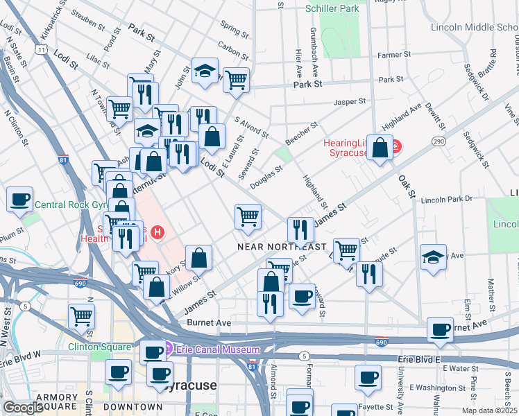 map of restaurants, bars, coffee shops, grocery stores, and more near 1003 Lodi Street in Syracuse