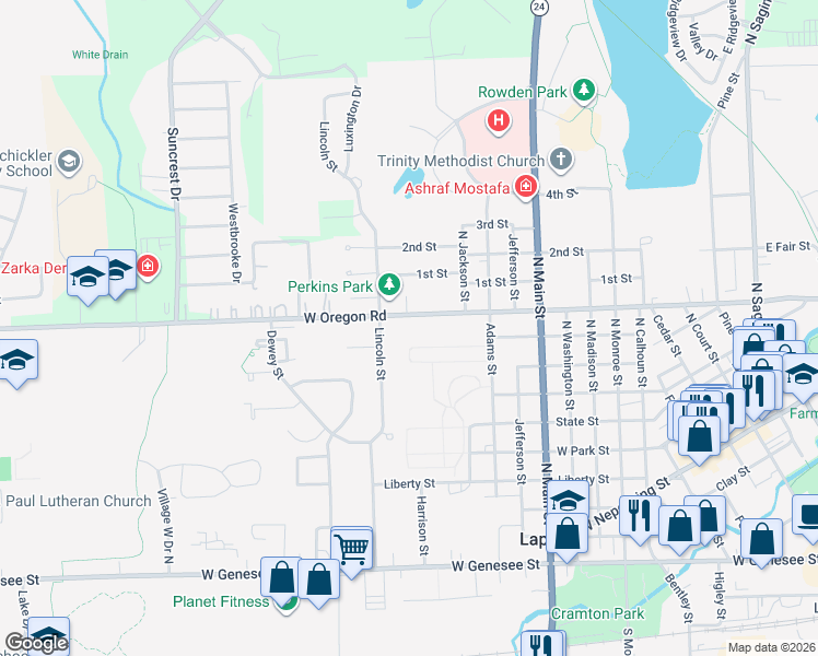 map of restaurants, bars, coffee shops, grocery stores, and more near 1279 West Oregon Street in Lapeer